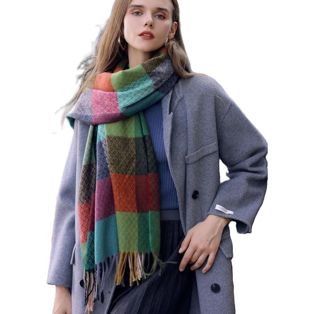 Women's Cashmere-Like Shawl Long Plaid Winter Warm Knit Large Tassel Scarves